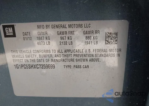 2012 Chevrolet Cruze Ls z USA, uszkodzony, nr VIN 1G1PC5SHXC7259699